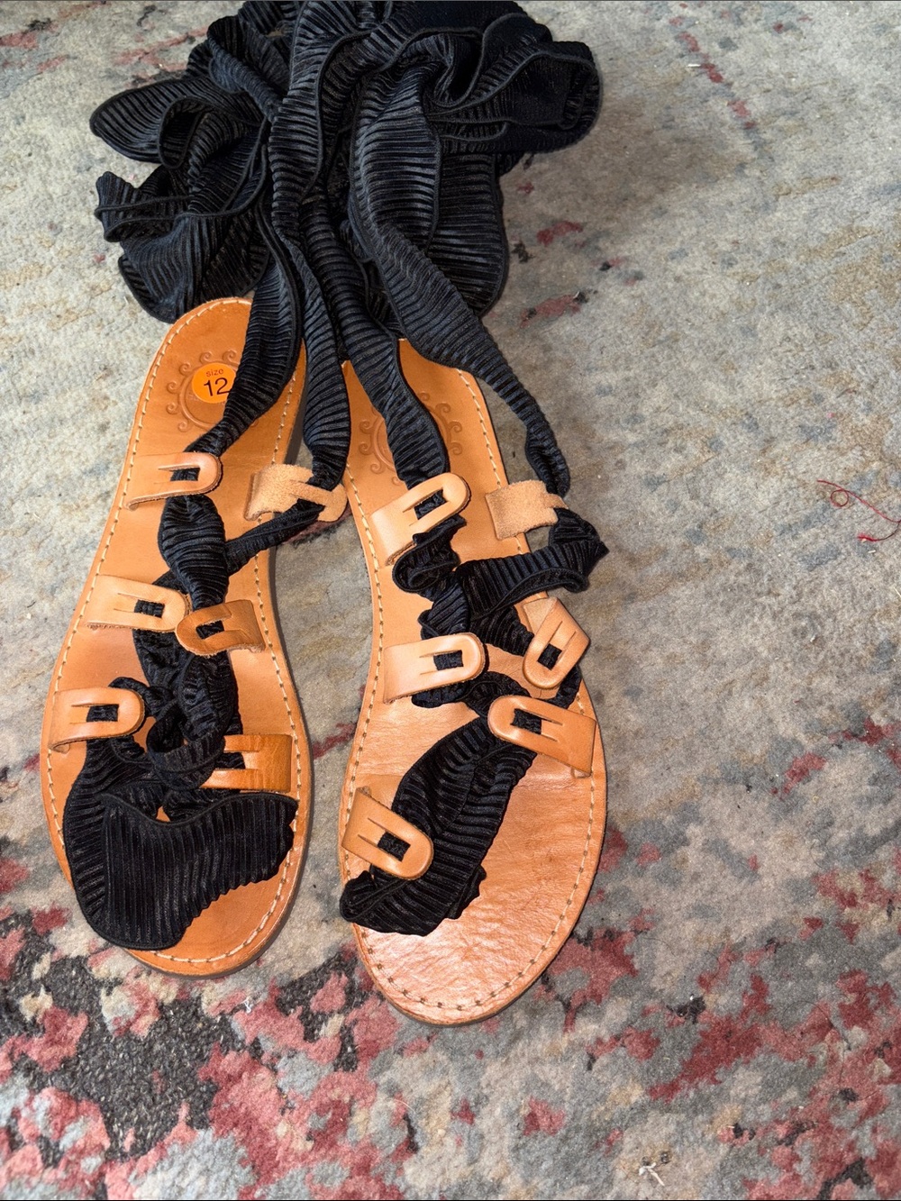 Greek Chic Black Ribbon Lace-Up Sandals with Tan Leather Footbed